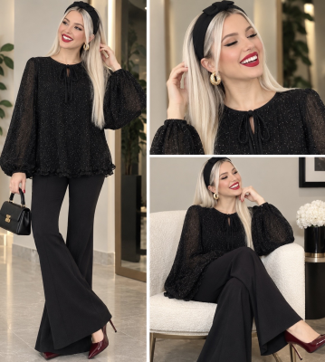 شومیز حریر کریشه  6767 مشکی